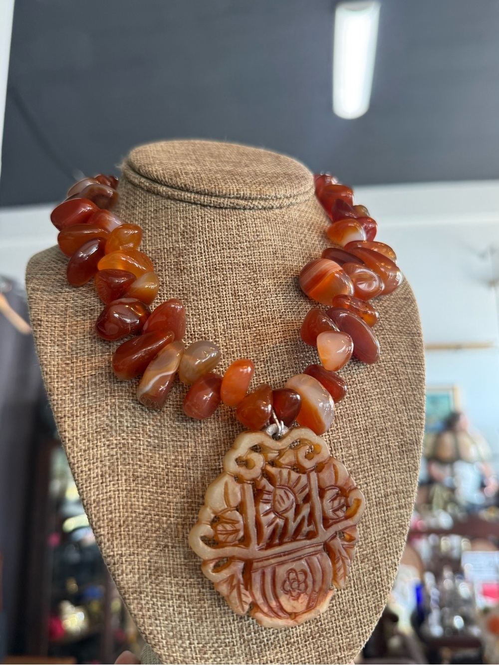 Carved Carnelian Statement Necklace - Brown/Orange